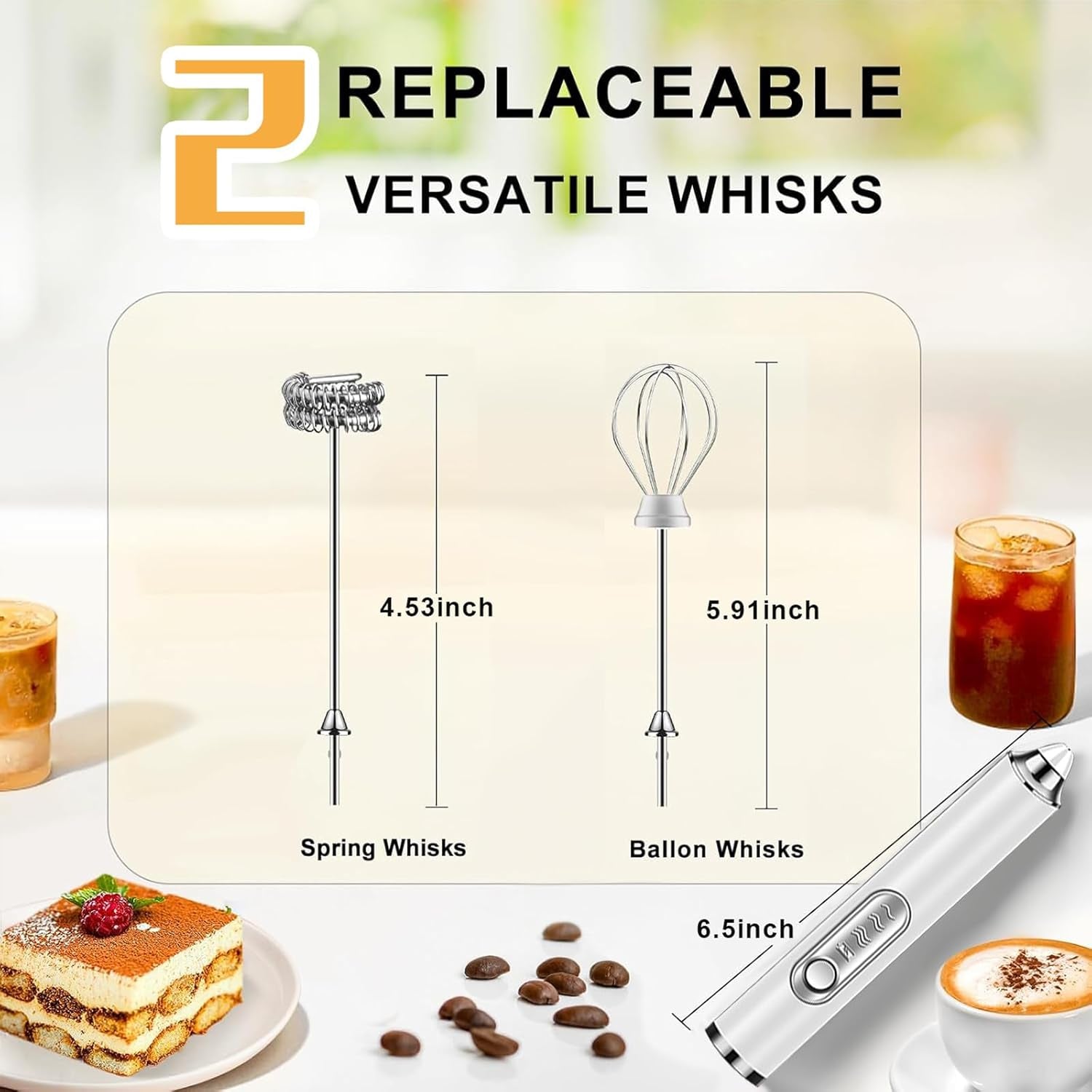 Milk Frother Rechargeable Handheld Electric Whisk Coffee Frother Mixer with 2 Stainless Whisks 3 Speed Adjustable Foam Maker Blender for Coffee Matcha Latte Cappuccino Protein Powder (White)