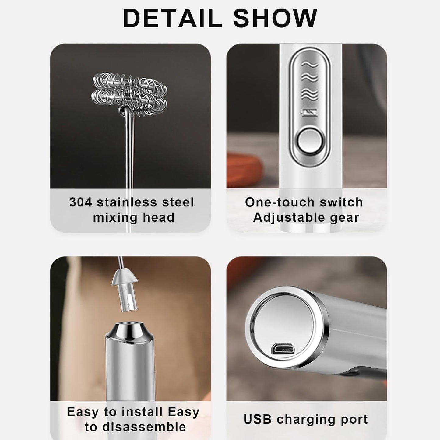 Milk Frother Rechargeable Handheld Electric Whisk Coffee Frother Mixer with 2 Stainless Whisks 3 Speed Adjustable Foam Maker Blender for Coffee Matcha Latte Cappuccino Protein Powder (White)