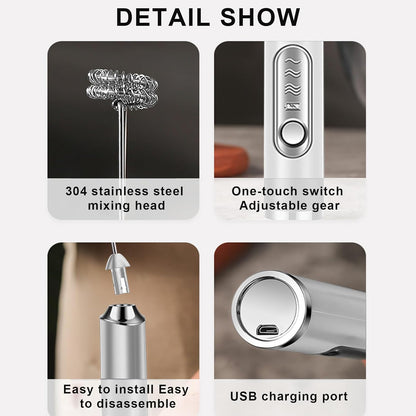 Milk Frother Rechargeable Handheld Electric Whisk Coffee Frother Mixer with 2 Stainless Whisks 3 Speed Adjustable Foam Maker Blender for Coffee Matcha Latte Cappuccino Protein Powder (White)