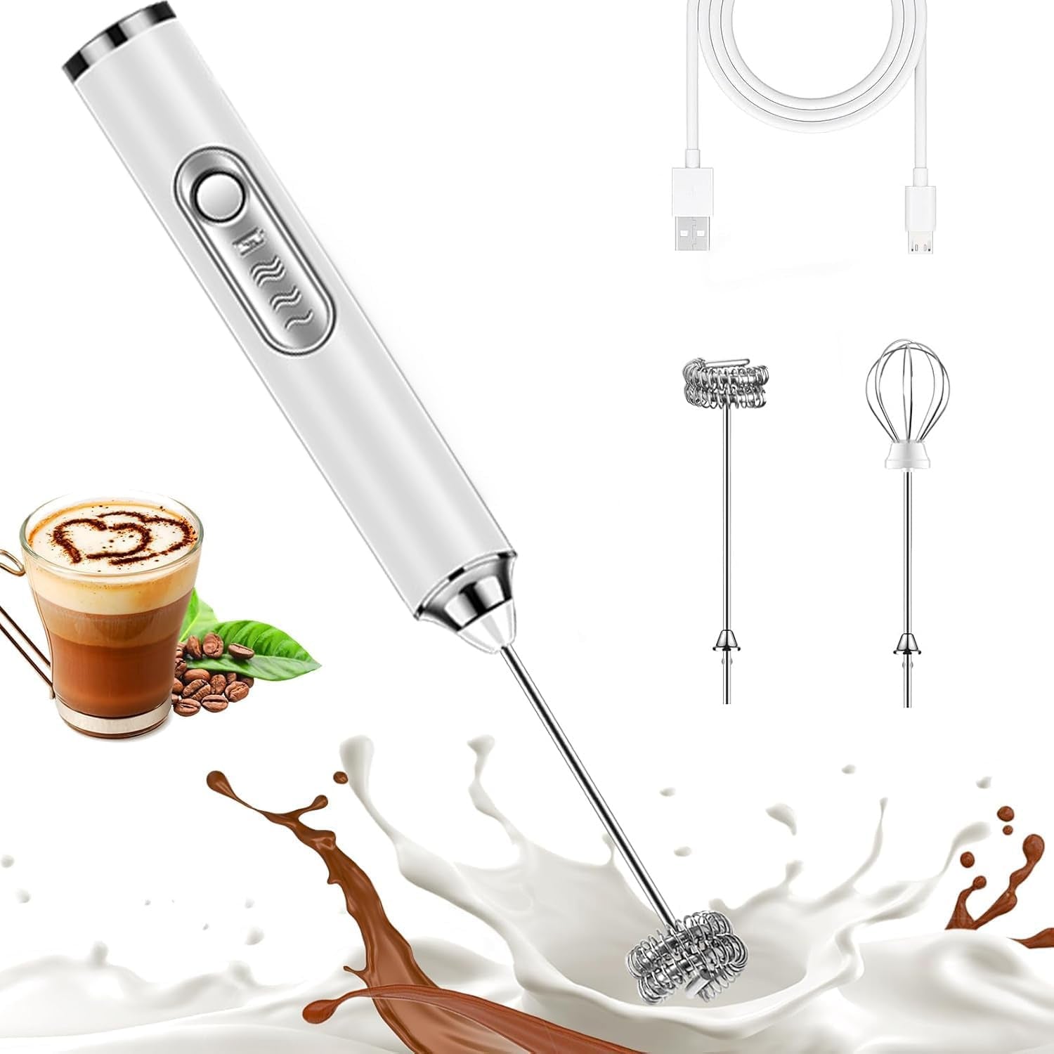 Milk Frother Rechargeable Handheld Electric Whisk Coffee Frother Mixer with 2 Stainless Whisks 3 Speed Adjustable Foam Maker Blender for Coffee Matcha Latte Cappuccino Protein Powder (White)