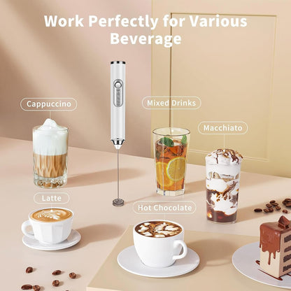 Milk Frother Rechargeable Handheld Electric Whisk Coffee Frother Mixer with 2 Stainless Whisks 3 Speed Adjustable Foam Maker Blender for Coffee Matcha Latte Cappuccino Protein Powder (White)